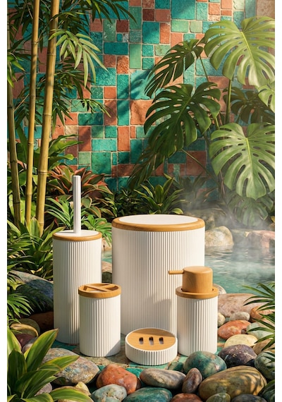 Makri Home Beyaz Bambu Desenli 5 Parça Banyo Seti Çöp Kovası, Wc Fırçalık, Sıvı Sabunluk, Diş Fırçalık,sabunluk