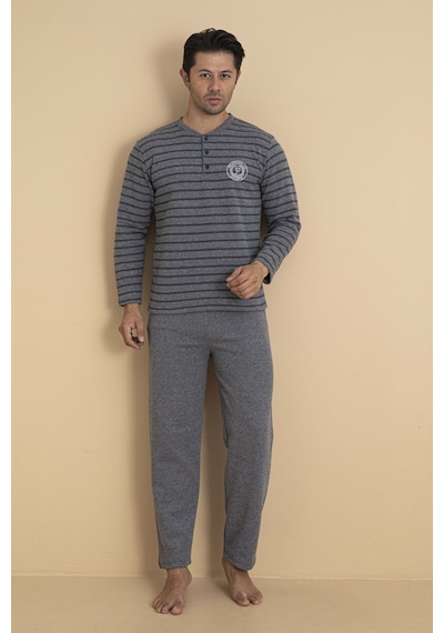Wordex Falkom 5700 Selanik Kumaş Kışlık Kalın Kumaşlı Erkek Ev Pijama Takımı Gri