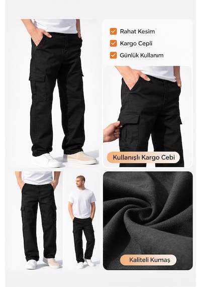 No Brand Verox Fit Erkek Kargo Cepli Rahat Kesim Pantolon Siyah Siyah