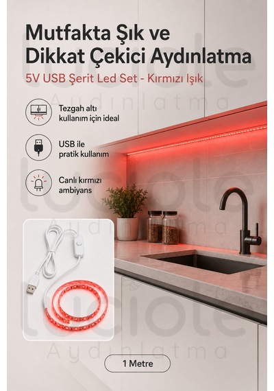 1 Metre 5v Usb Kırmızı Şerit Led Aç Kapa Anahtarlı Tv Masa Araç Dekoratif Led Işık