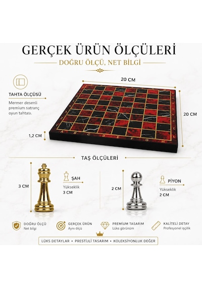 Lüks Metal Satranç Takımı Krom Figürlü 20x20 Cm Kırmızı Tahta Dekoratif Koleksiyon Hediye Seti Özel