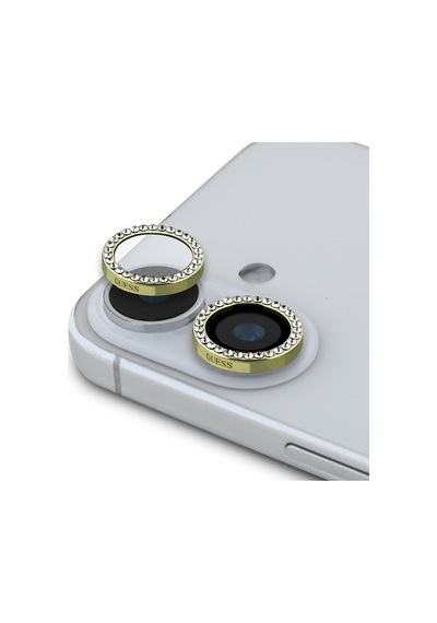 Apple Uyumlu iPhone 16 Plus Guess Lisanslı Rhinestone Taşlı Kamera Lens Koruyucu Gold