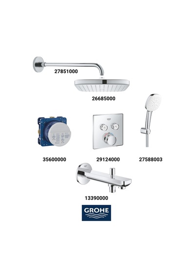 Grohtherm Smartkontrol Ankastre Banyo Bataryası Seti Kare Gagadan Yönlendiricili Kare Tepe Duşlu Krom