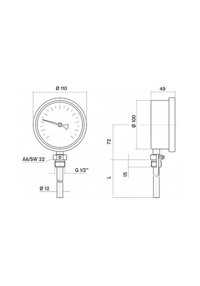 Çap 100 MM 120 C Derece 10 CM Dalma Boylu Alttan Bağl. Termometre Pakkens