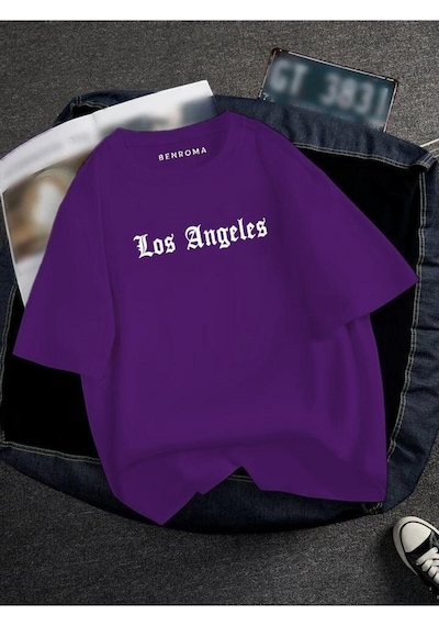 Oversıze Los Angeles Baskılı Unısex Tisort Baskılı Mor