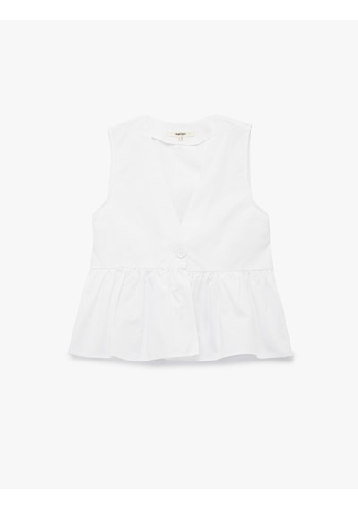 Koton Pamuklu V Yaka Peplum Düğme Detaylı Kolsuz Poplin Bluz Kırık Beyaz 5sak60442pw Ekru