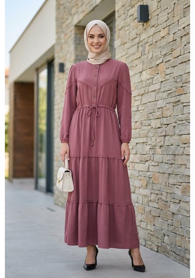 Hb Harma Time Butik Kadın Dantel Detaylı Bel Bağcıklı Pembe Ayrobin Elbise Pembe Pembe