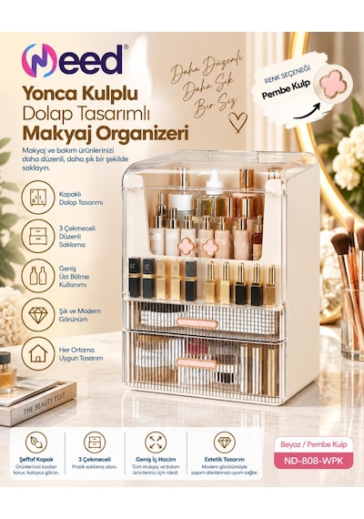 Need Yonca Kulplu Dolap Tasarımlı Çekmeceli Makyaj Ve Kozmetik Organizeri Beyaz / Pembe Kulp Nd-808-wpk