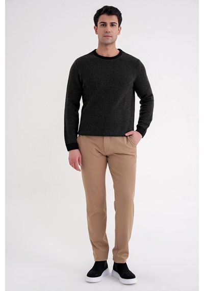 Slim Fit Renkli Ribanalı Siyah Haki Yünlü Bisiklet Yaka Triko Kazak Tr 890 Siyah-haki