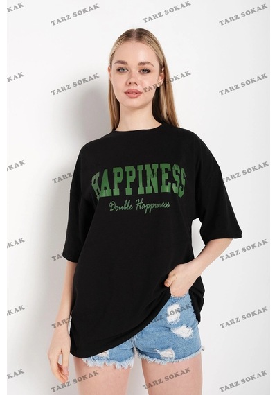Startmore Kadın Beyaz Happıness Baskılı Oversize Siyah