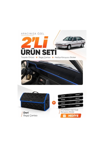 E-biz Renault 11 Flash 1989-1996 Uyumlu Torpido Örtüsü + Deri Bagaj Çantası - Siyah-mavi - Re003
