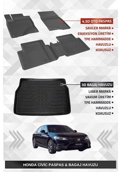 Sahler Honda Civic 2021+ Uyumlu 4.5d Premium Havuzlu Oto Paspas Ve Liner Marka 3d Bagaj Havuzu - Civ