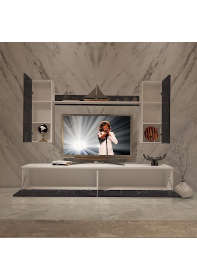 Decoraktiv Eko 5db Mdf Std Tv Ünitesi Tv Sehpası Beyaz - Siyah Mermer