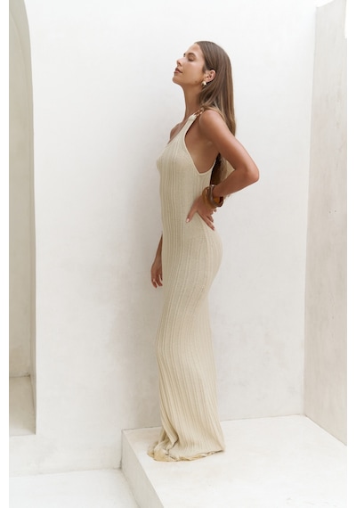Mai Collection Mai Studios Co. Endah Halka Detaylı Asimetrik Bej Uzun Triko Elbise Bej