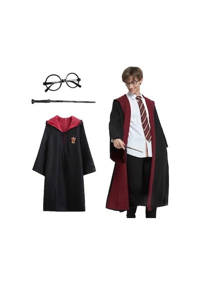 Mey İthalat Harry Potter Gryffindor Kapişonlu Çocuk Kostüm + Asa + Gözlük Seti 5-6 Yaş