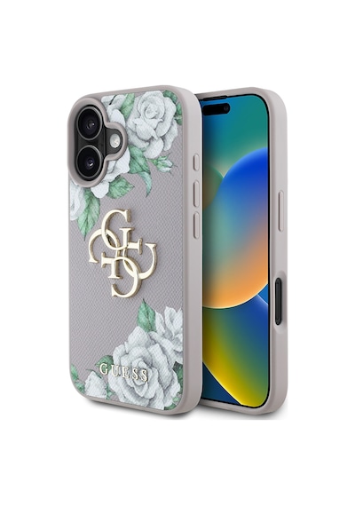 Apple Uyumlu iPhone 16 Kılıf Guess Lisanslı Gül Baskılı Büyük Metal Logo Dizaynlı Kapak Mor