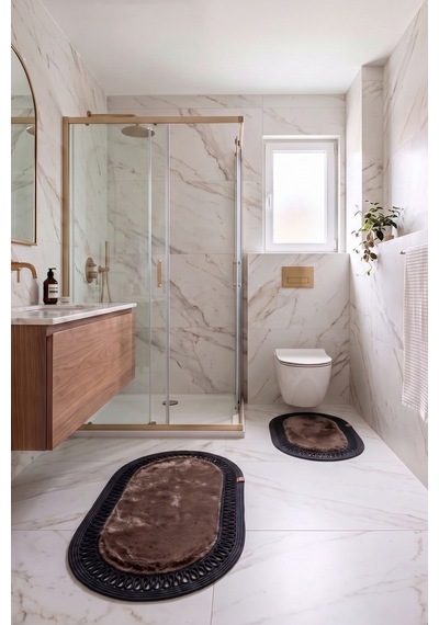 Banyo Paspası Takımı 60x100+40x60 Cm İç Trikot Mouss Kahve & Siyah Kahve - Siyah