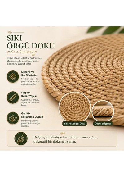Tr Hasır Supla 6'li Set - 32 Cm Yuvarlak Amerikan Servis - Doğal Hasır Görünümlü El Örgüsü Supla Takımı - Ru Diğer