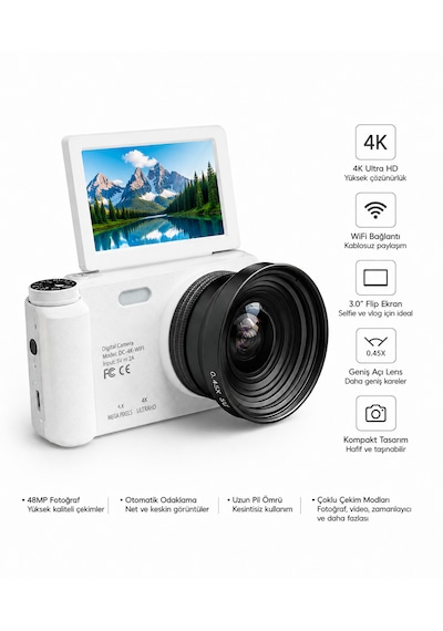 4k Wifi Dijital Fotoğraf Makinesi 0.45x Geniş Açı Lensli, Döner Ekranlı Kompakt Vlog Kamera