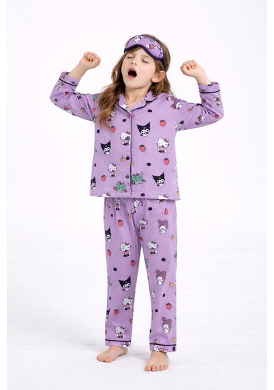 Beka Kids Desenli Uzun Kollu Önden Düğmeli Gömlek Yaka Kız Çocuk Pijama Takımı Ve Göz Bandı Mor Beka Kids Desenli Uzun Kollu Önden Düğmeli Gömlek Yaka Kız Çocuk Pijama Takımı Ve Göz Bandı Mor