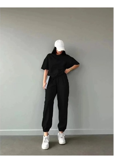 Tarzyeri Unisex Düz T-shirt Ve Eşofman Takımı - Siyah 001