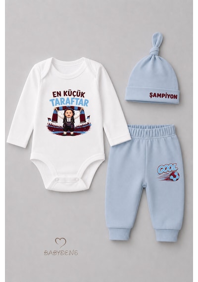 Babyden's %100 Pamuk Bebek Takımı Bordo Mavi En Küçük Taraftar Baskılı 3'lü Yenidoğan Bebek Takımı Uzun Kollu Body Pantolon Şapka Set