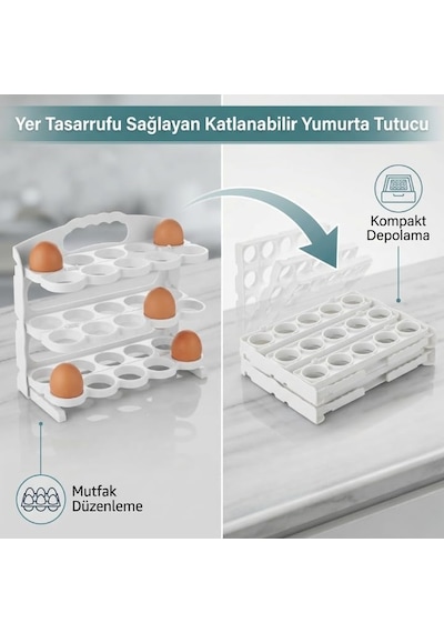 3 Katlı Fonksiyonel Buzdolabı Kapak İçi Yumurta Düzenleyici - 30 Yumurta Kapasiteli Açık Ahşap