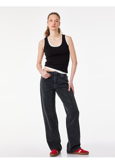 Koton Düz Paça Normal Bel Taş Detaylı Pamuklu Denim Pantolon - Straight Fit Jean Siyah 6sal40158md Siyah Koton Düz Paça Normal Bel Taş Detaylı Pamuklu Denim Pantolon - Straight Fit Jean Siyah 6sal40158md Siyah