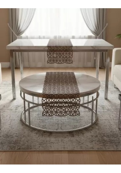 Angles Model Kahverengi 5 Parça Salon Takımı Dantel Masa Örtüsü Runner Seti