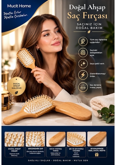 Mucit Home Bambu Uçlu Fırça Ahşap Saç Fırçası Ahşap Tarak Doğal Bambu Saç Açıcı Tüm Saçlar