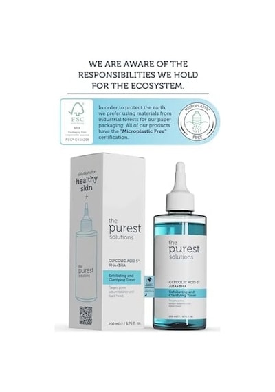 The Purest Solutions, Gözenek Ve Siyah Nokta Görünümünü Azaltmaya Yardımcı Arındırıcı Tonik,%5 Glikolik Asit, Aha, Bha, 200 Ml