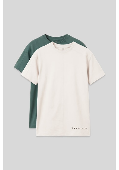 Basic Oversize O Yaka 2li Paket Ekru-açık Yeşil Erkek Çocuk T-shirt - 11297 Ekru-kaktüs