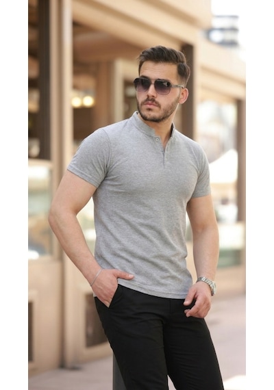 Veraura Lifestyle Erkek Hakim Yaka Dokuma Pamuklu Kumaş Kısa Kollu T-shirt gri