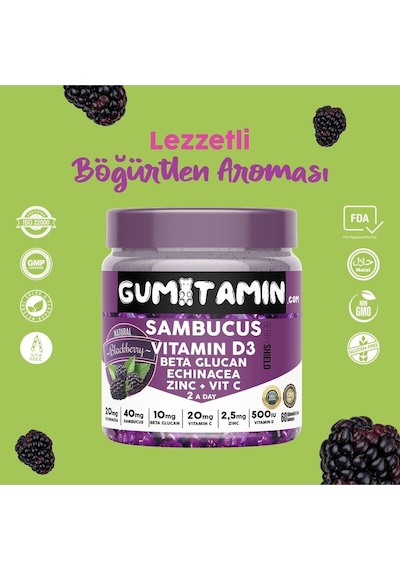 Gumitamin Sambucus Multivitamin Karamürver, Vitamin C+d3, Çinko, Beta Glukan Doğal Böğürtlen Aromalı