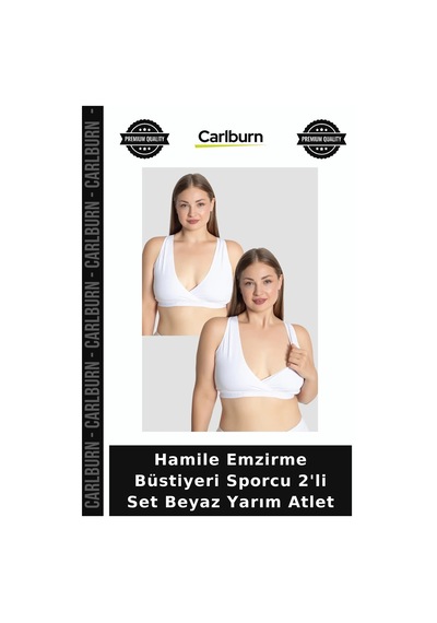 Carlburn Hamile Emzirme Büstiyeri Sporcu 2'li Set Beyaz Yarım Atlet Günlük Giysi Sade Üst Gebe Giyimi