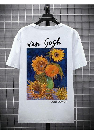 Unisex Beyaz Oversize Van Gogh Baskılı Örme T-shirt Beyaz