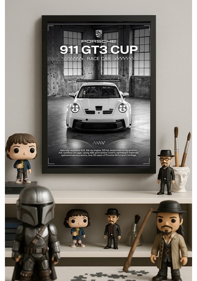Porsche 911 Gt3 Cup Siyah Ahşap Çerçeveli Poster, Dekoratif Araba Duvar Tablosu