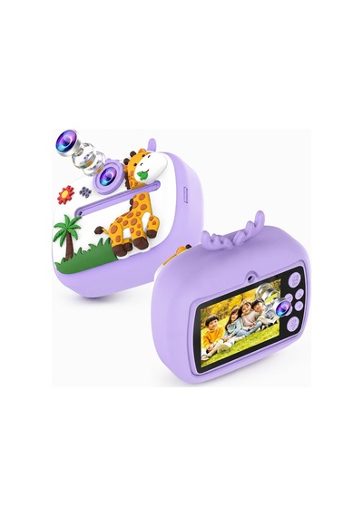 Çocuk Kamerası Zürafa Tasarımlı Anında Baskı Özellikli Dijital Fotoğraf Makinesi, 2,4 İnç Ips Ekranlı 1080p Video Kayıtlı Kamera, Cmr90 Mor