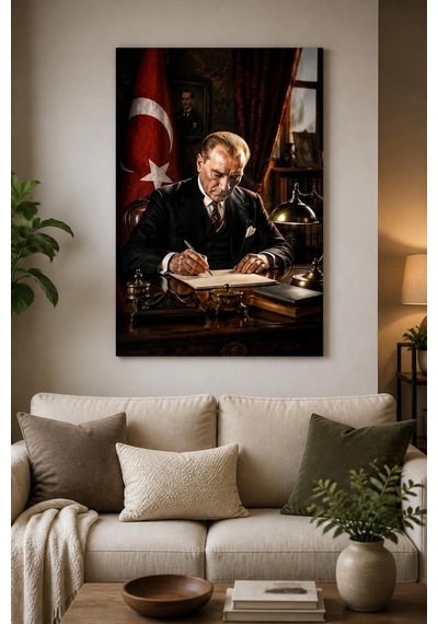 Atatürk Çalışma Masasında Baskılı Cam Tablo Uv Baskı Dekoratif Duvar Tablosu