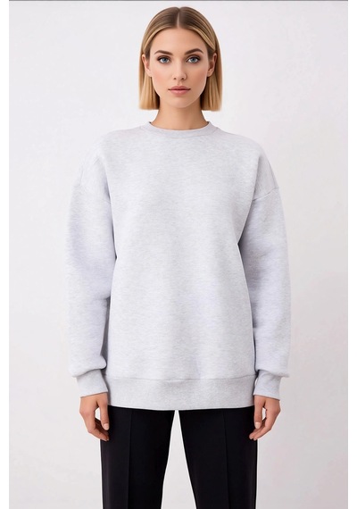 Benerly Kadın Bisiklet Yaka Düşük Kol Oversize Kalın Örme Sweatshirt Fonk Kar Melanj