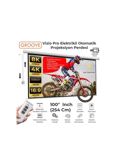 Groove Vizio Pro 100 Inch Blackout Işık Geçirmez Elektrikli Otomatik Kumandalı Projeksiyon Perdesi 220x125cm +motorlu+canlı Renkler+göz Koruması+leke Tutmaz Projector