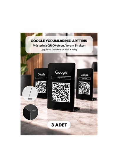 Meo 3'lü Paket - Google Yorum Standı - Qr Kodlu Masaüstü Pleksi Stand Siyah