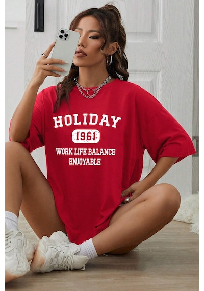 Unisex Holiday Baskılı Tasarım Tshirt Kırmızı