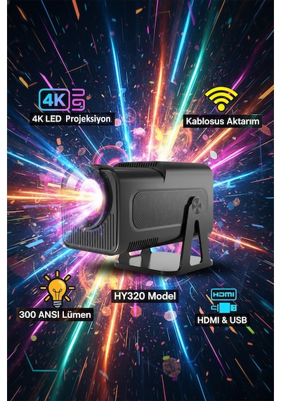 4k Led Akıllı Projeksiyon 300 Ansı Lümen Kablosuz Aktarım Hdmı & Usb Hy320