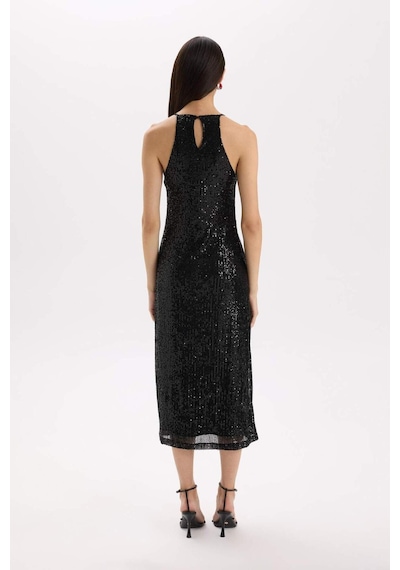 DeFacto Halter Yaka Payetli Kolsuz Midi Siyah Elbise E2437AX24WNBK81