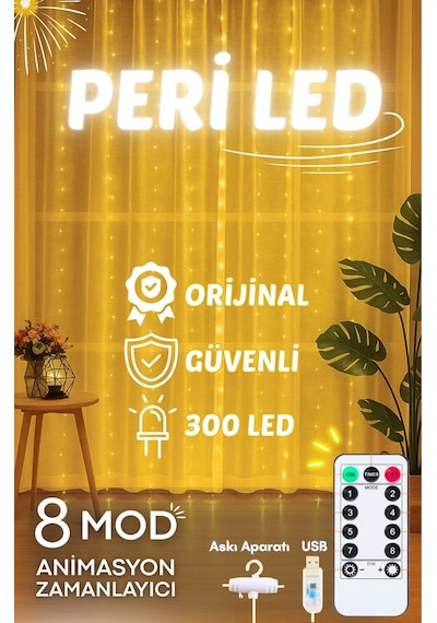 Perde Led 3mx3m Kumandalı 8 Fonksıyonlu 300 Ledli 10 Sarkıtlı Peri Ledi Usb Girişli Çok Renkli