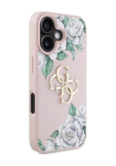 Apple Uyumlu iPhone 16 Kılıf Guess Lisanslı Gül Baskılı Büyük Metal Logo Dizaynlı Kapak Pembe