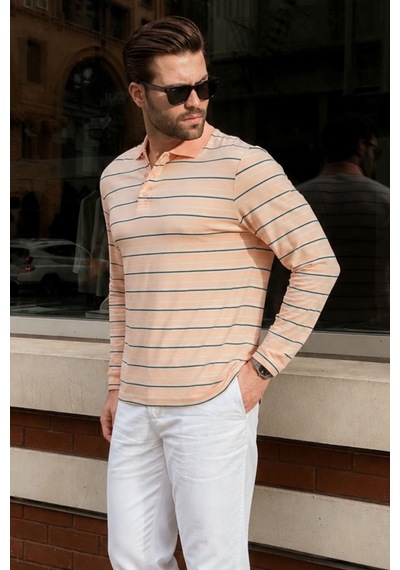 Madmext Pudra Regular Fit Çizgili Polo Yaka Erkek Tişört E7192