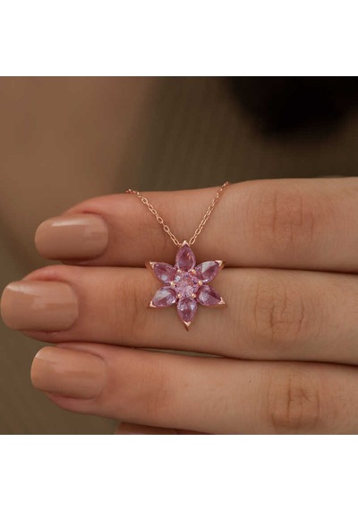 Gümüş Rose Pembe Çiçek Kolye Rose