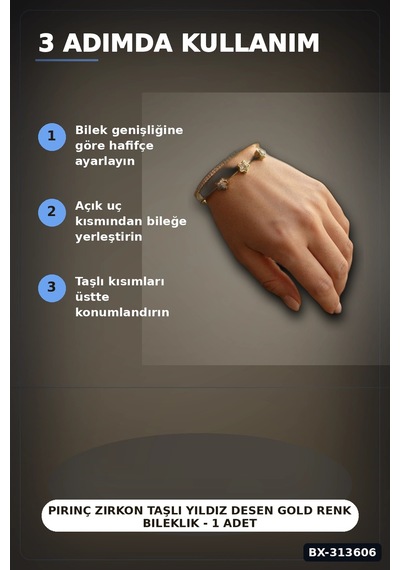 Bay Pirinç Zirkon Taşlı Yıldız Desen Gold Renk Bileklik - 1 Adet Bayan Takı Bx-313606 Najmaddin Standart